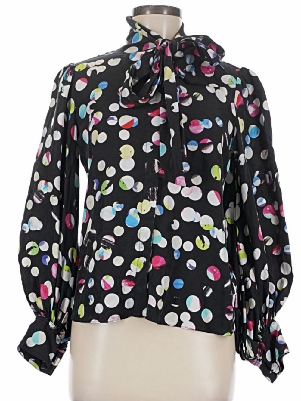 Hunter Bell Black Multicolor Silk Polka Dot Pussybow Blouse Sz.XS